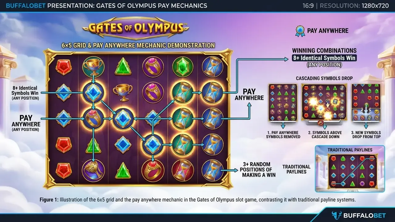 6x5 grid and pay anywhere mechanic in the gates of olympus slot